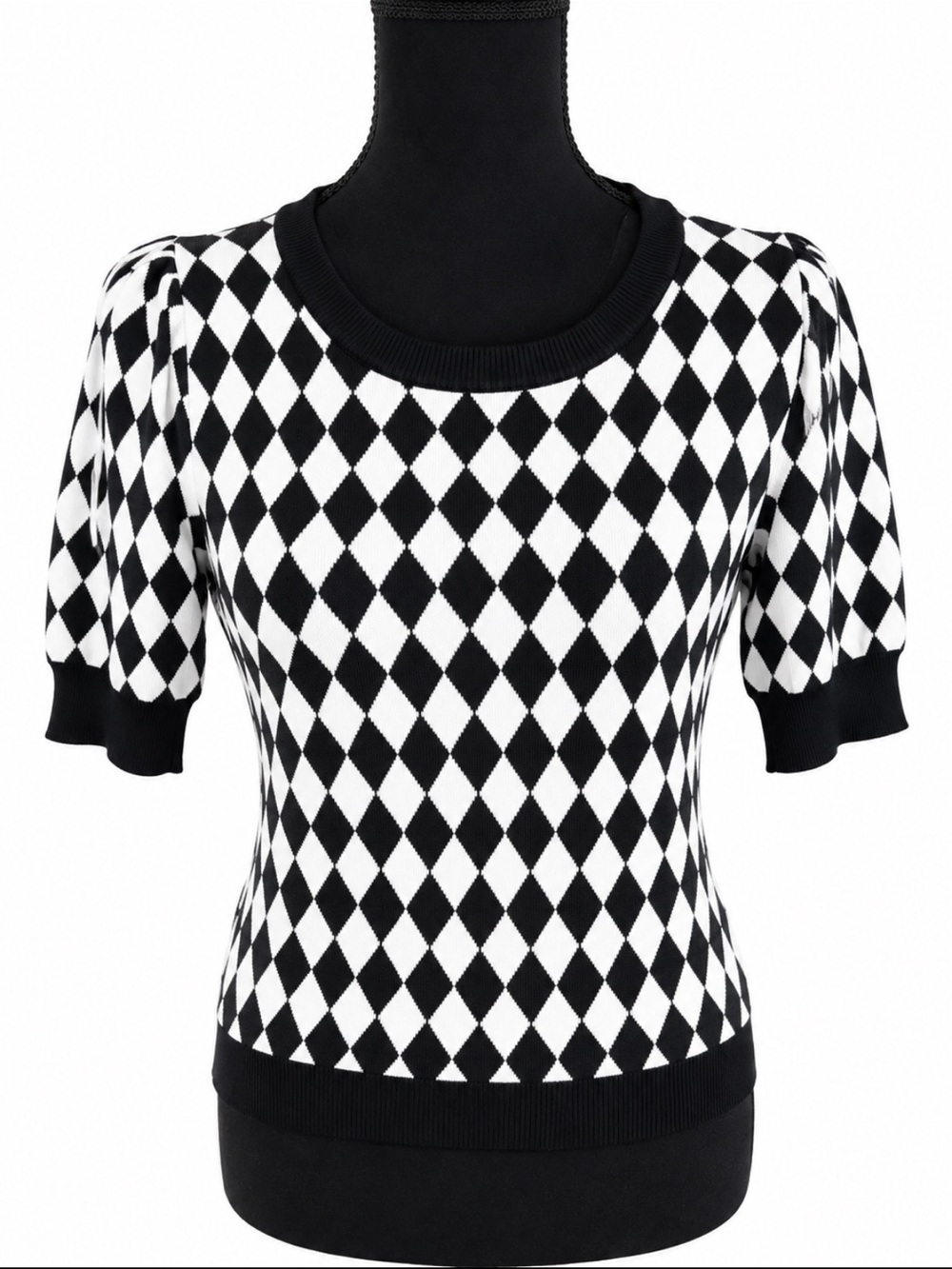 Philosophy Black White Harlequin Diamond Puff Sleeve Knit Top XS
